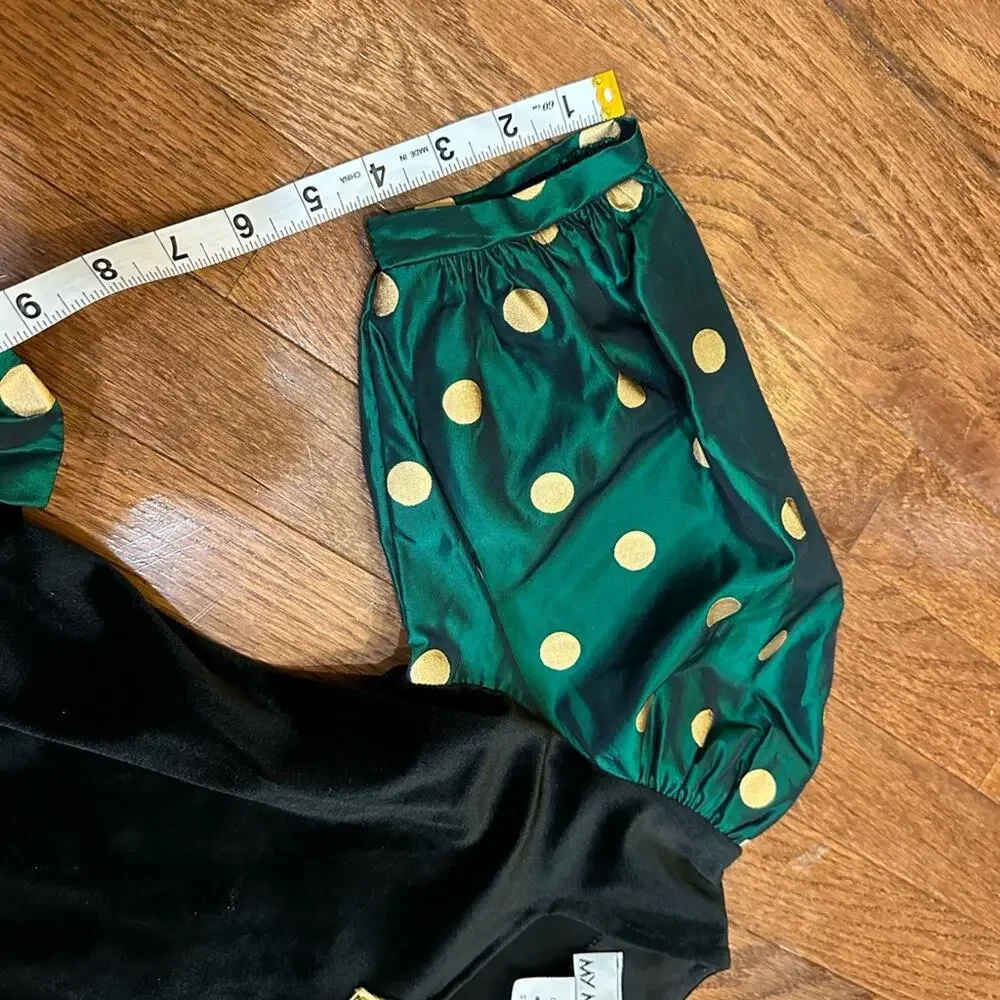 RARE Vintage My Michelle 80s Party Dress Girls 7 Gold Green Black Polka Dots